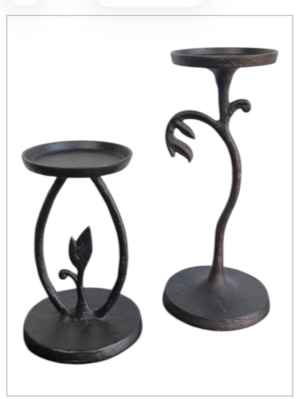 Pottery Barn Botanical Leaf Hammered Iron Pillar Candle Holders Set 12.5” & 8.5”